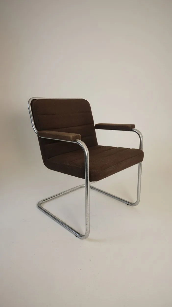Thonet S 46 F Freischwinger-Armlehnstuhl mit braunem Bezug Ansicht 4