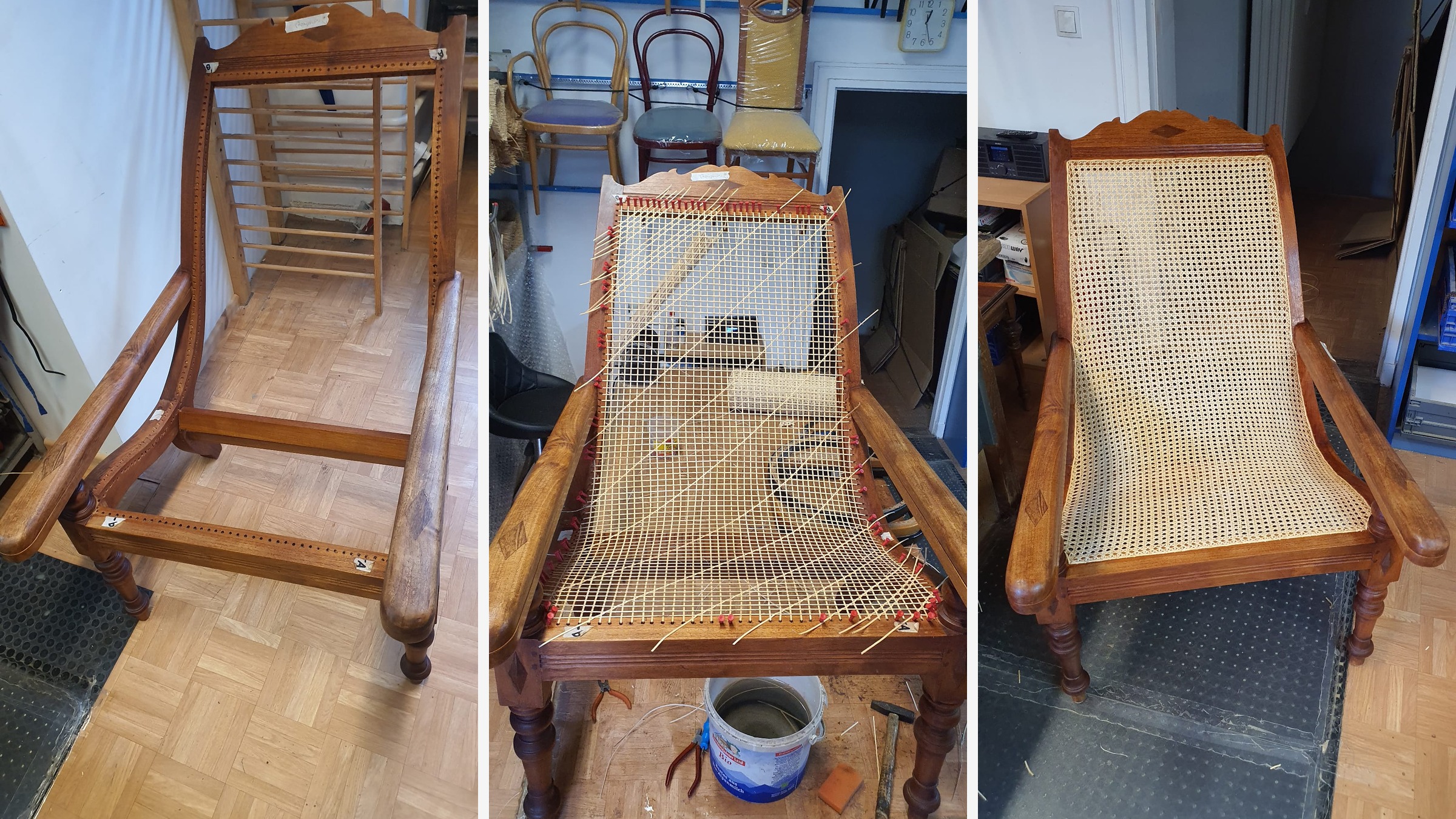 Collage aus Wiener Geflecht, Detailarbeit und geflochtenem Rücken